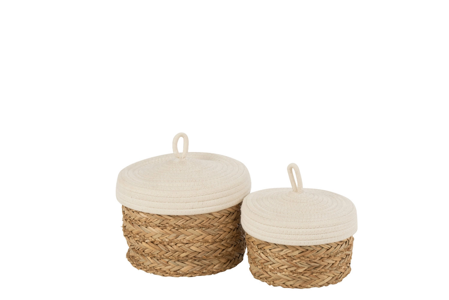 Set De 2 Paniers Ronds Avec Couvercle Coton/Rotin Naturel/Blanc