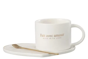 Tasse + Soucoupe + Cuillere Coeur Porcelain Francais Blanc