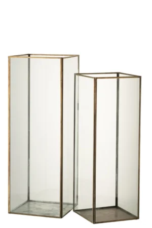 Set De Deux Photophore Rectangle Verre/Metal Bronze