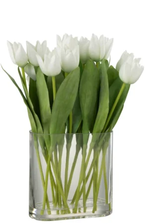 Tulipes En Vase Ovale Plastique Verre Blanc