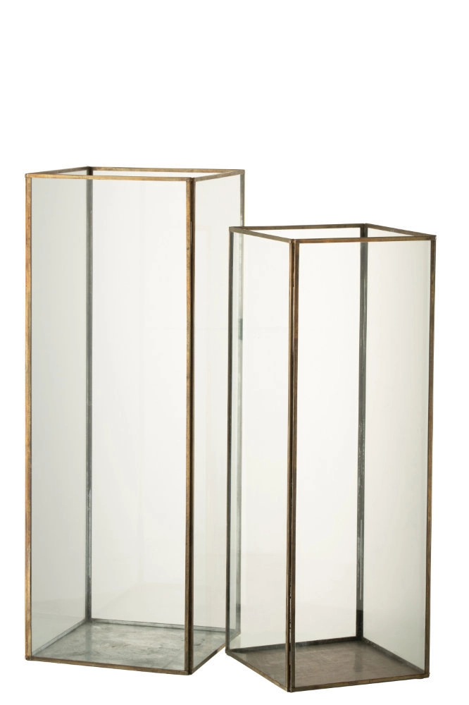 Set De Deux Photophore Rectangle Verre/Metal Bronze