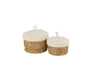 Set De 2 Paniers Ronds Avec Couvercle Coton/Rotin Naturel/Blanc