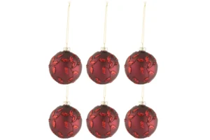 Boite De 6 Boules De Noel Feuilles Paillettes Rouge Noel Mat Small