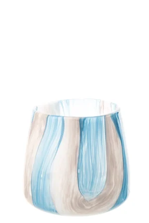 Photophore Ligné Verre Bleu Azur/Blanc Small